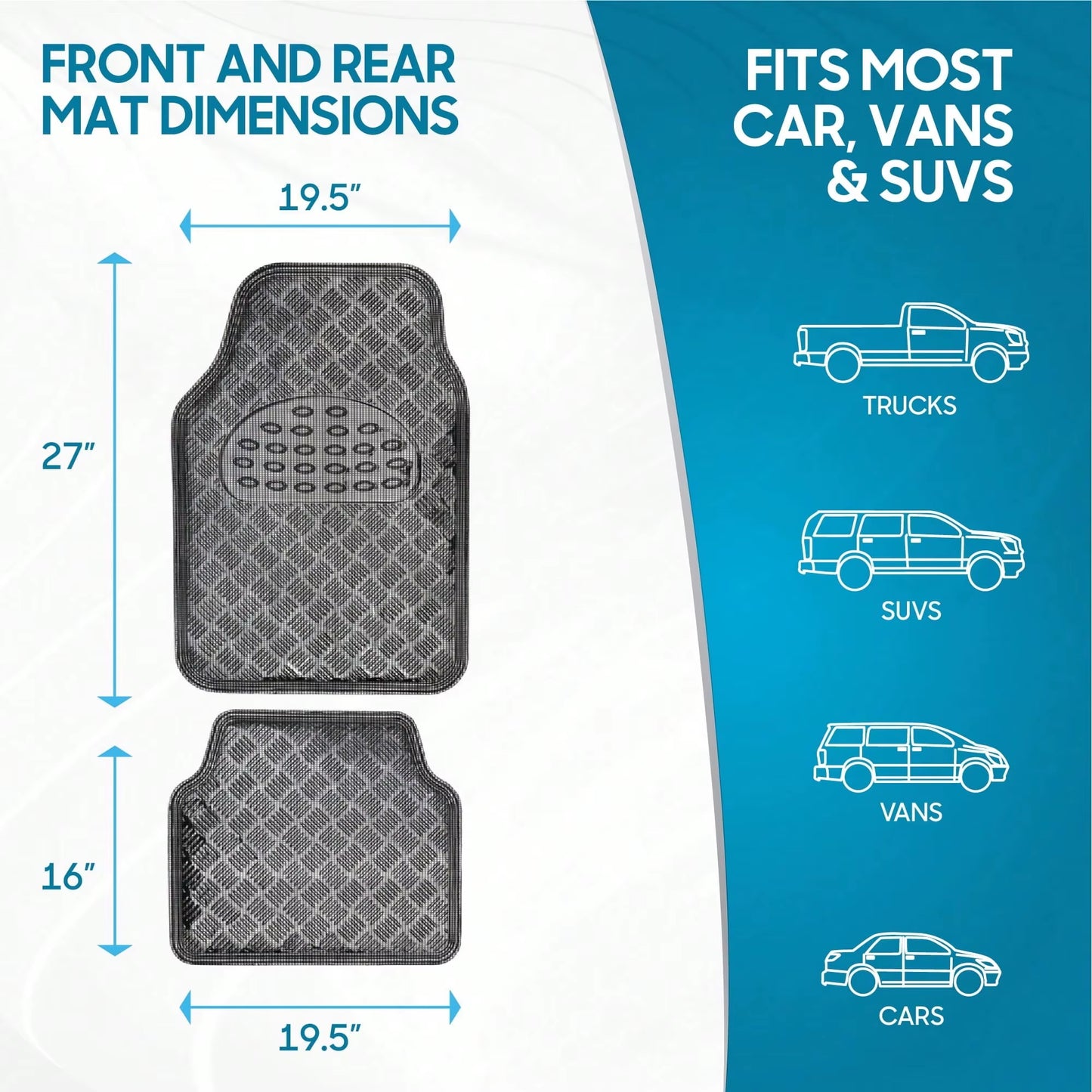 Universal Four-Piece Car Floor Mats. Bright Chrome Finish, Easy to Clean and Dry. Provides Full Coverage. Car Mats Floor