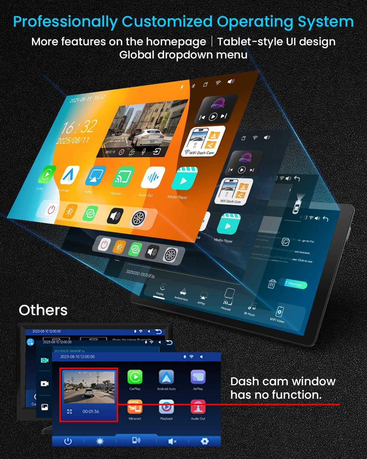 11" Extra Large Wireless Apple Carplay Screen for Car – Ultra-Slim 0.16 Inch Touchscreen Car Stereo with Android Auto, 4K Dash Cam, 1080P Backup Camera, GPS, Mirror Link, Voice Control