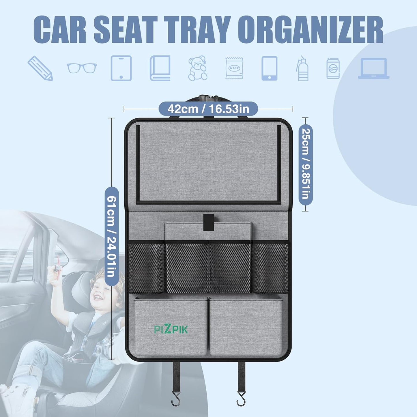 Car Backseat Organizer with Tablet Holder,11 Storage Pockets with Foldable Food Tray, Protector Kick Mats for Kids, Travel Accessories Organizer (Gray, 2Pack)