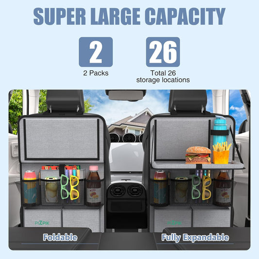 Car Backseat Organizer with Tablet Holder,11 Storage Pockets with Foldable Food Tray, Protector Kick Mats for Kids, Travel Accessories Organizer (Gray, 2Pack)