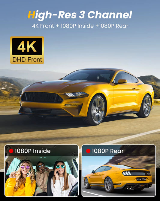 4K 3 Channel Dash Cam, 4K+1080P+1080P Front inside and Rear Dash Camera, Voice Control, Wifi, WDR Night Vision, GPS, 24H