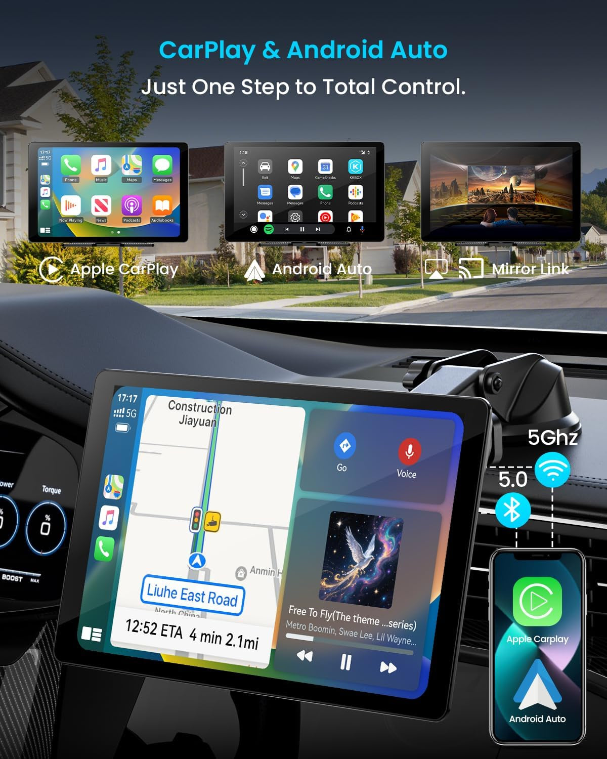 11" Extra Large Wireless Apple Carplay Screen for Car – Ultra-Slim 0.16 Inch Touchscreen Car Stereo with Android Auto, 4K Dash Cam, 1080P Backup Camera, GPS, Mirror Link, Voice Control
