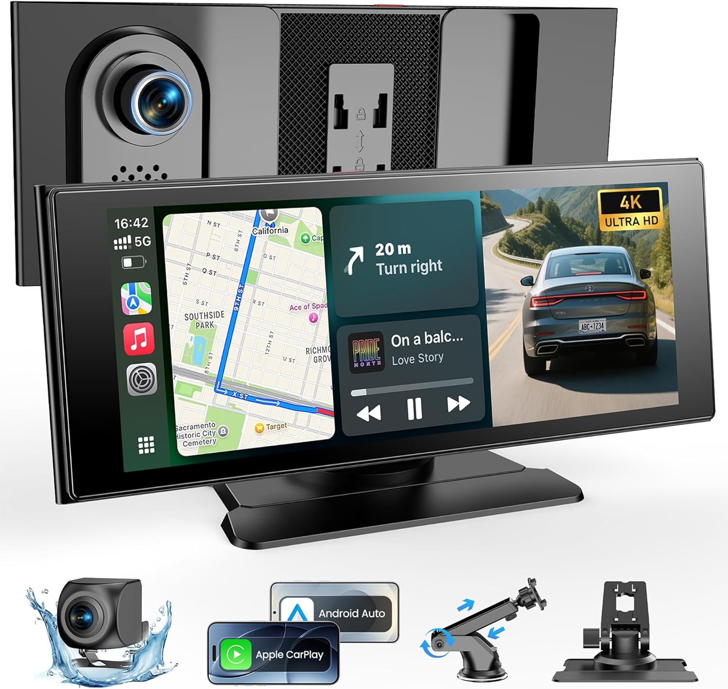 Wireless Car Play Screen, 10.26'' Monitor with Apple Carplay & Android Auto, 4K Dash Cam 64G, 1080P Backup Camera, Portable Smart Touch Tablet Stereo Multimedia Dashboard, Bluetooth/Fm/Gps/Aux