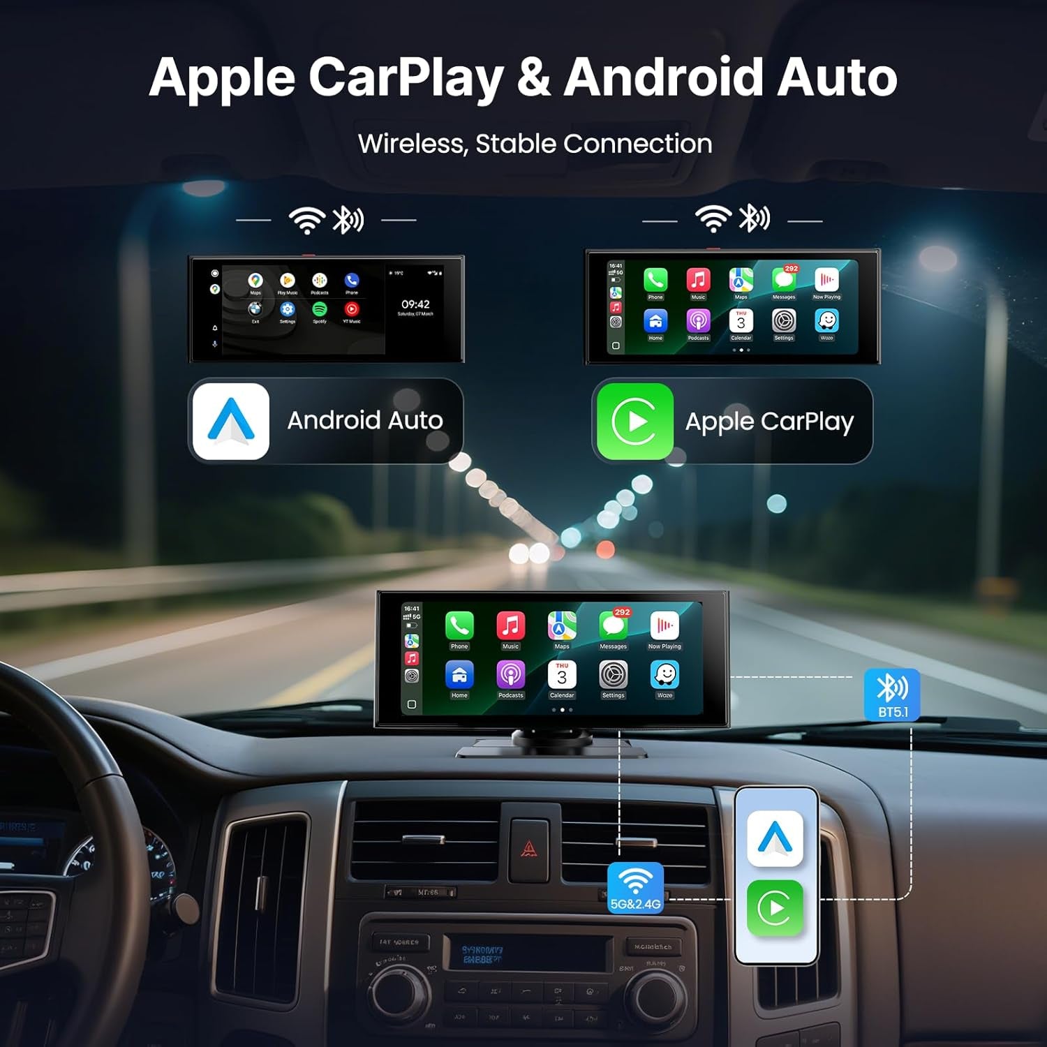 Wireless Car Play Screen, 10.26'' Monitor with Apple Carplay & Android Auto, 4K Dash Cam 64G, 1080P Backup Camera, Portable Smart Touch Tablet Stereo Multimedia Dashboard, Bluetooth/Fm/Gps/Aux