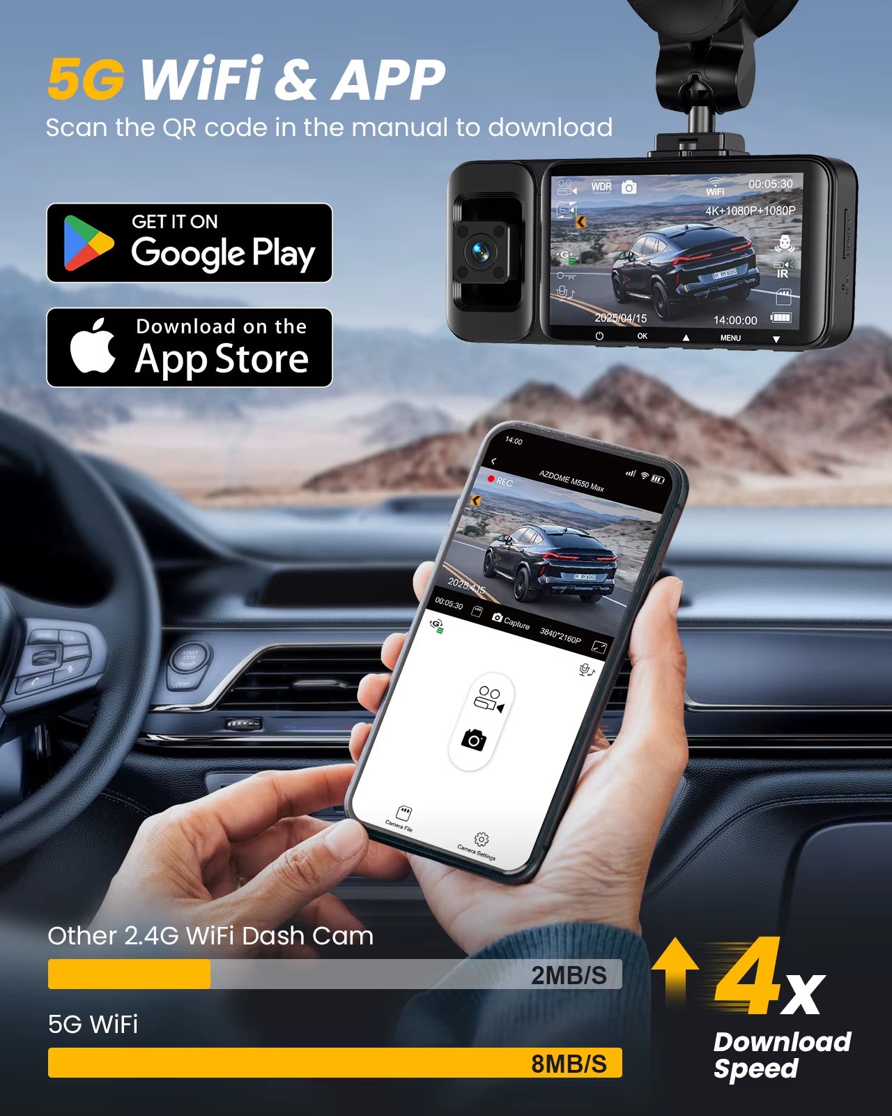 4K 3 Channel Dash Cam, 4K+1080P+1080P Front inside and Rear Dash Camera, Voice Control, Wifi, WDR Night Vision, GPS, 24H