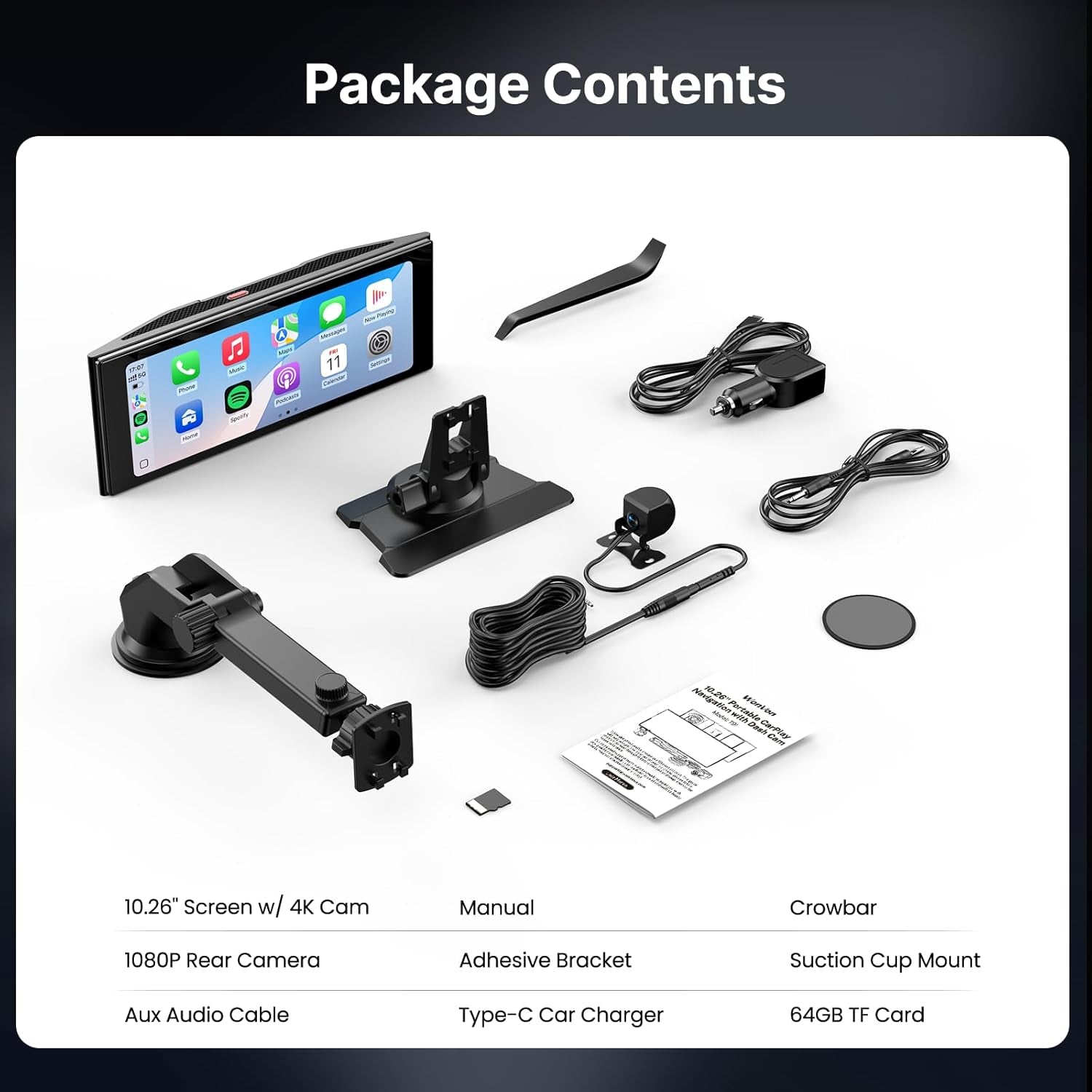 Wireless Car Play Screen, 10.26'' Monitor with Apple Carplay & Android Auto, 4K Dash Cam 64G, 1080P Backup Camera, Portable Smart Touch Tablet Stereo Multimedia Dashboard, Bluetooth/Fm/Gps/Aux