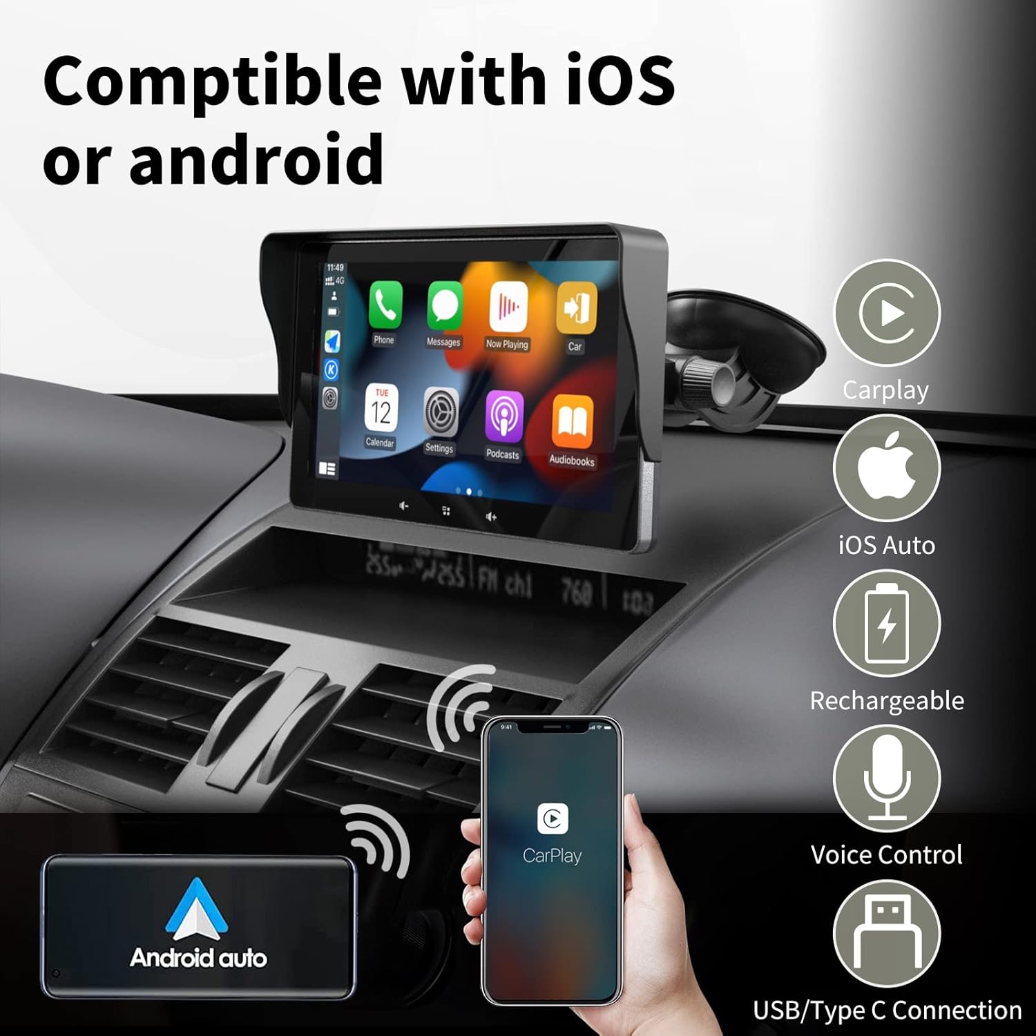 7" HD Double Din Car Stereo,Portable Wireless Touch Screen Apple Carplay and Android Auto Automatic Multimedia Player,Car Stereo with Mirror Link/Usb/Aux/Siri/5.1Bluetooth/Navigation Screen