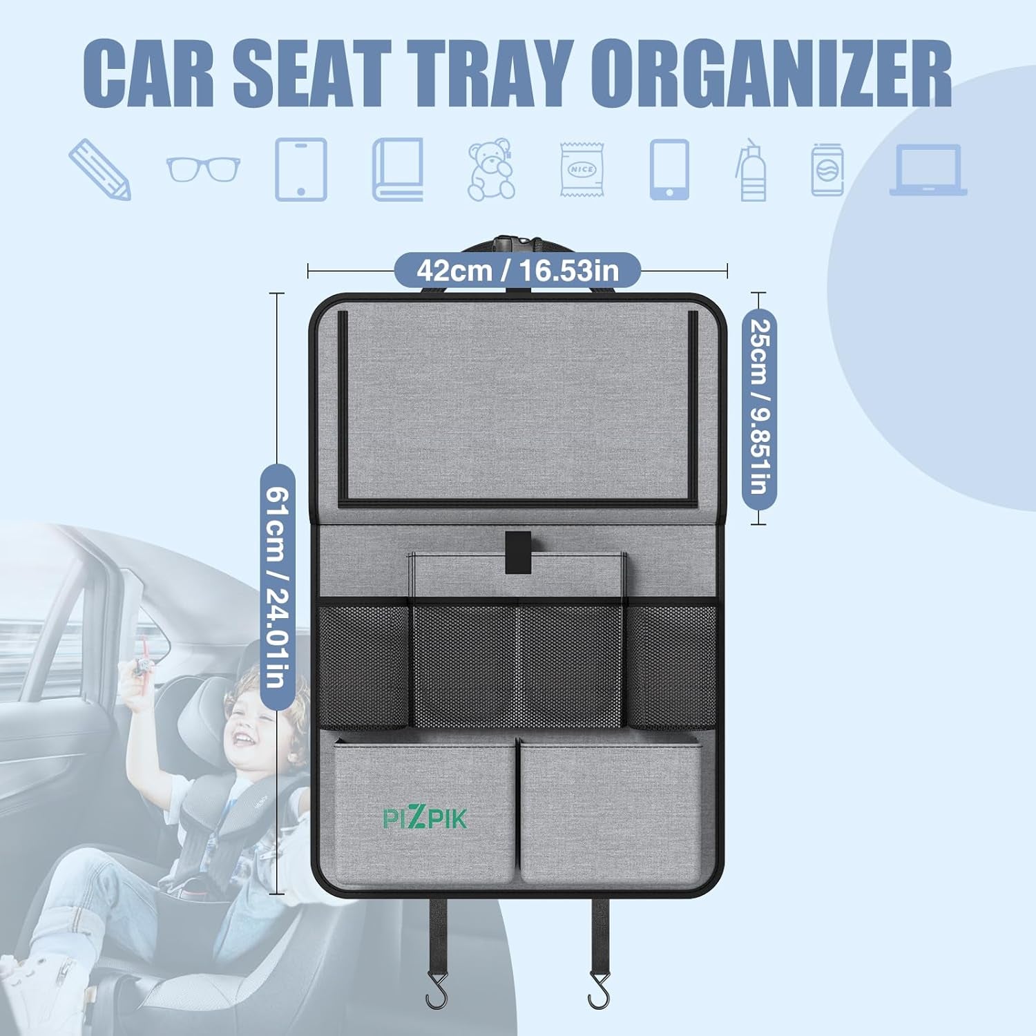 Car Backseat Organizer with Tablet Holder,11 Storage Pockets with Foldable Food Tray, Protector Kick Mats for Kids, Travel Accessories Organizer (Gray, 2Pack)