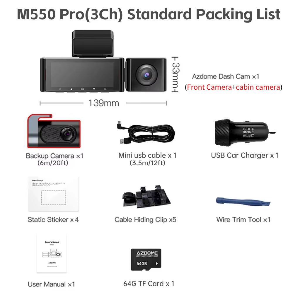 M550 Pro 5.8Ghz Wifi 2/3 Channel Dash Cam 4K+1080P Built-In GPS 3.19" IPS Screen Car DVR IR Night Vision 24H Parking Mode