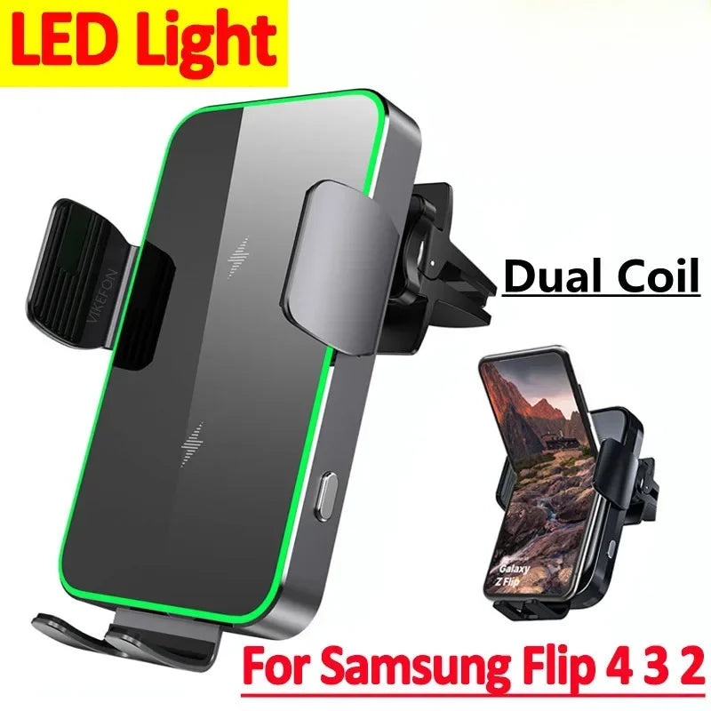 VIKEFON Dual Coil Car Wireless Charger for Samsung Galaxy Z Flip 5 4 3S22 Iphone Auto Clamp Fast Car Charging Phone Mount Holder