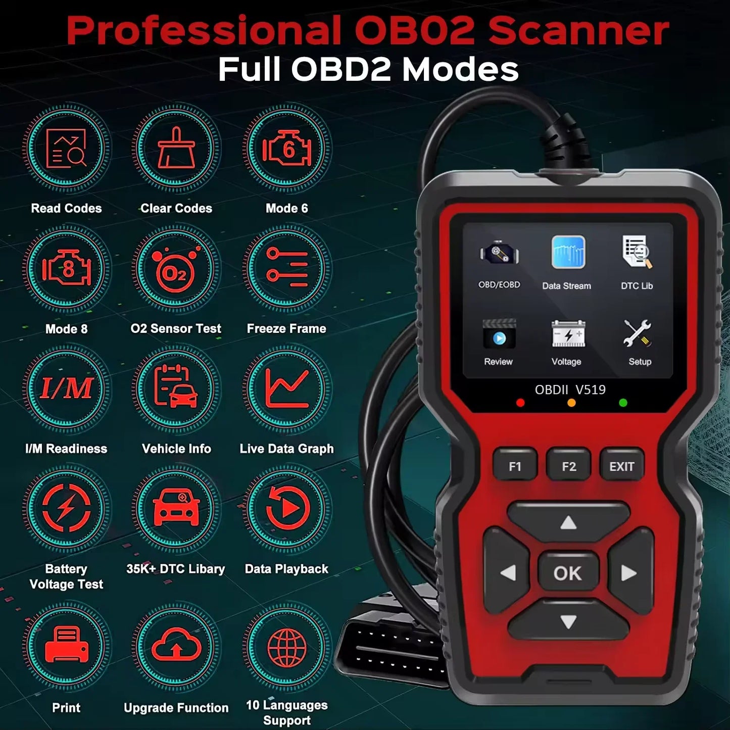 Car OBD2 Scanner Diagnostic Tool V519 Multi-Language OBDII Car Voltage Tester Engine Fault Code Scanner Car Code Reader