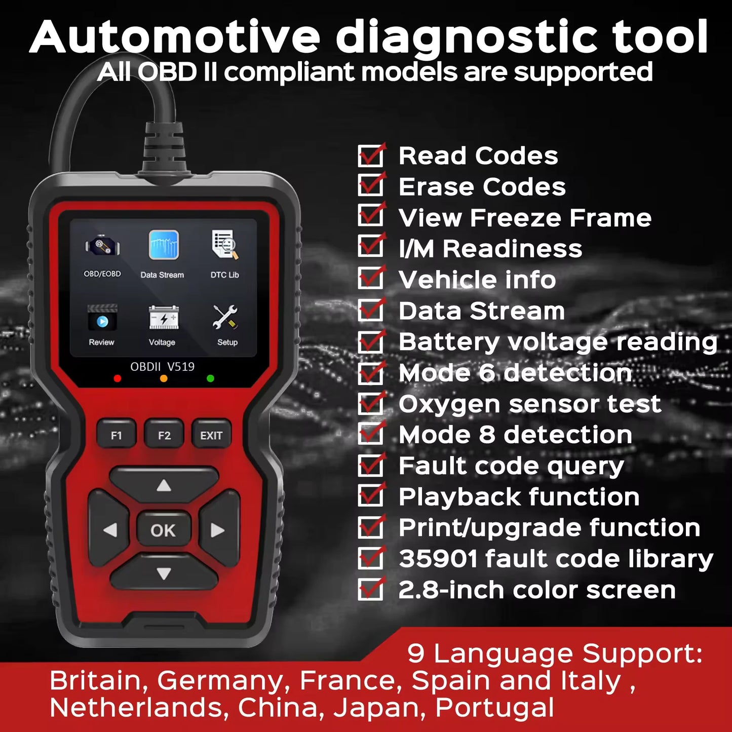 Car OBD2 Scanner Diagnostic Tool V519 Multi-Language OBDII Car Voltage Tester Engine Fault Code Scanner Car Code Reader