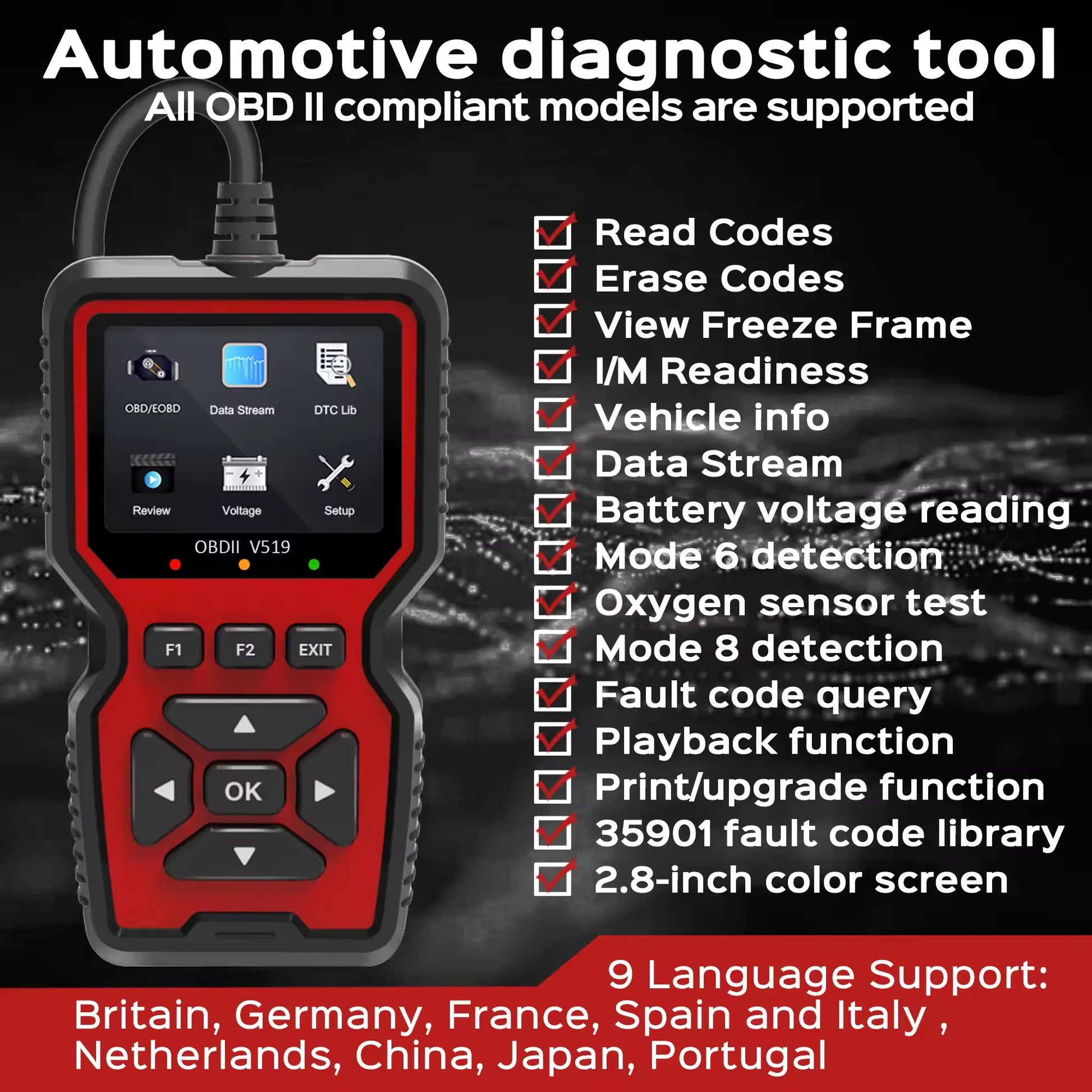 Car OBD2 Scanner Diagnostic Tool V519 Multi-Language OBDII Car Voltage Tester Engine Fault Code Scanner Car Code Reader