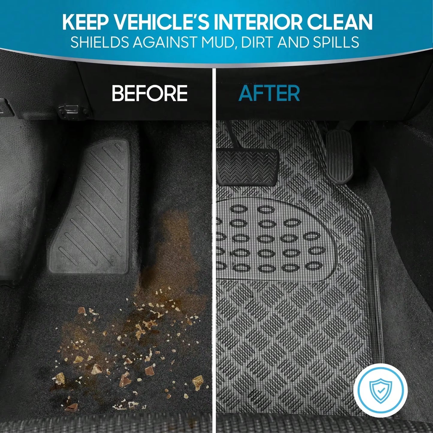 Universal Four-Piece Car Floor Mats. Bright Chrome Finish, Easy to Clean and Dry. Provides Full Coverage. Car Mats Floor