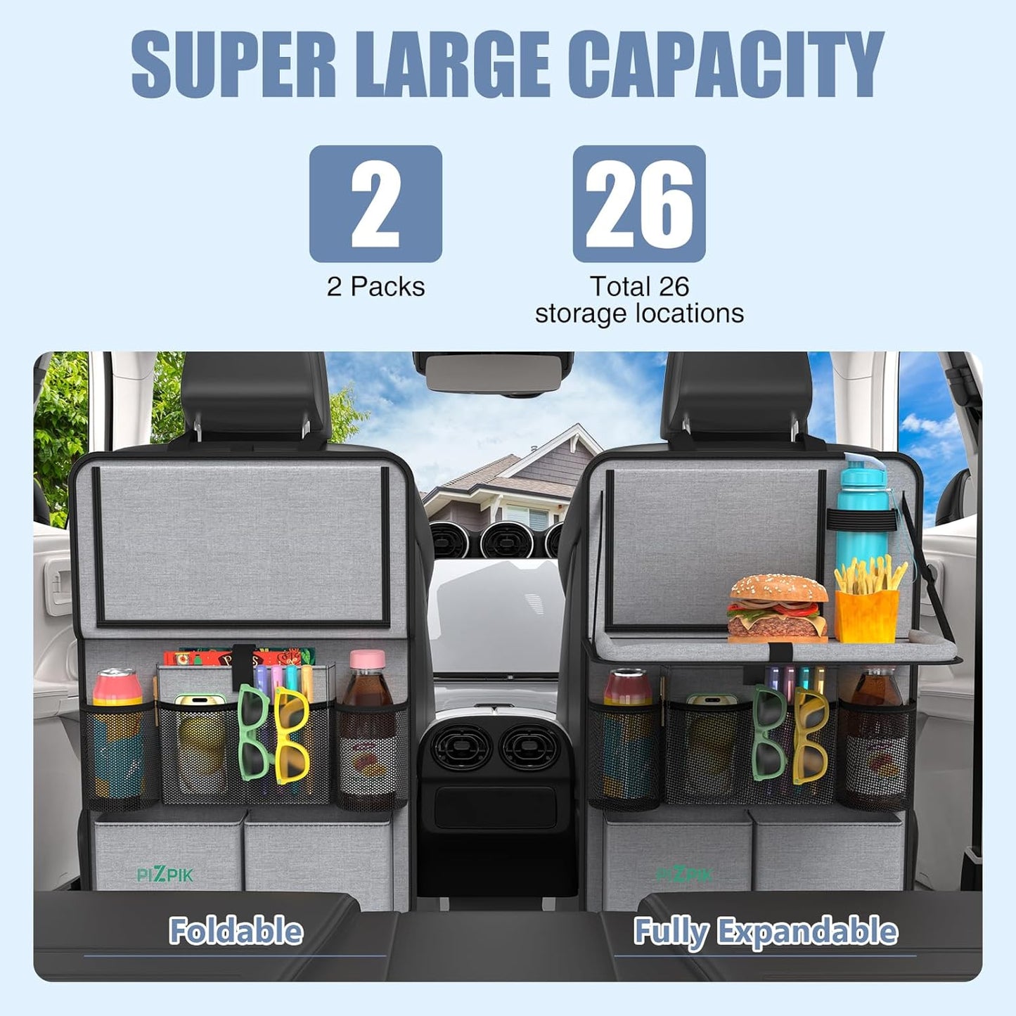 Car Backseat Organizer with Tablet Holder,11 Storage Pockets with Foldable Food Tray, Protector Kick Mats for Kids, Travel Accessories Organizer (Gray, 2Pack)