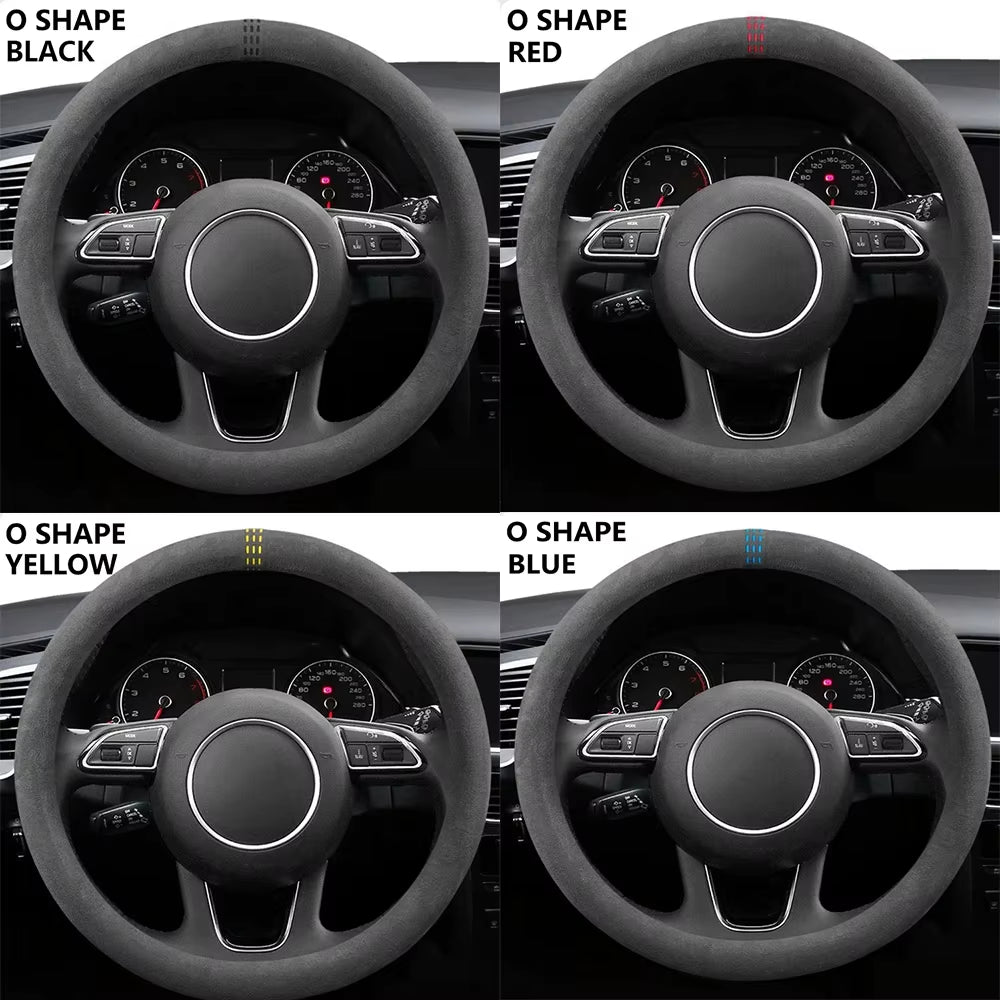 Car Steering Wheel Covers Cowhide Suede Steering Wheel Cover Wrap Universal 37-38Cm Breathable Steering Covers Car Accessories
