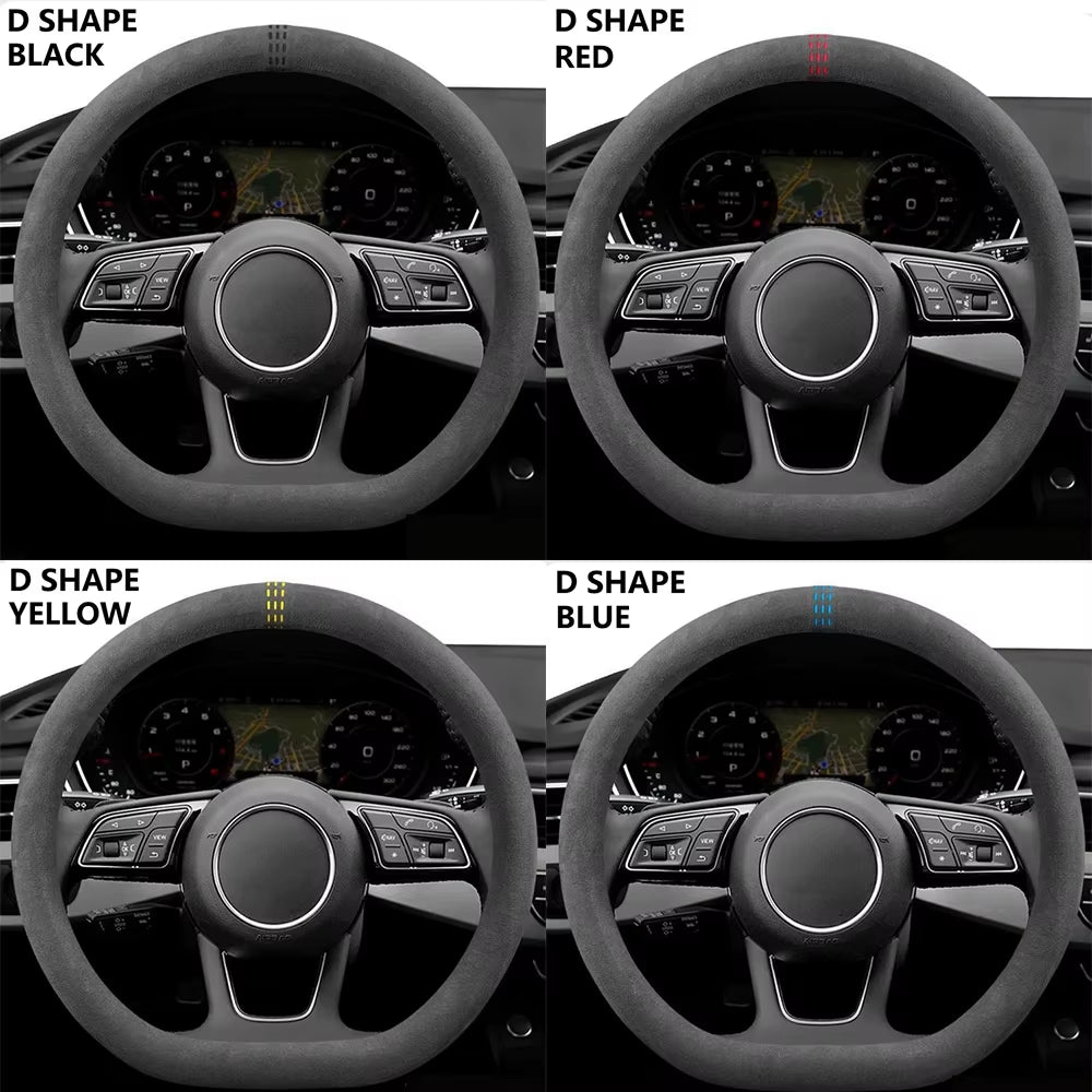 Car Steering Wheel Covers Cowhide Suede Steering Wheel Cover Wrap Universal 37-38Cm Breathable Steering Covers Car Accessories