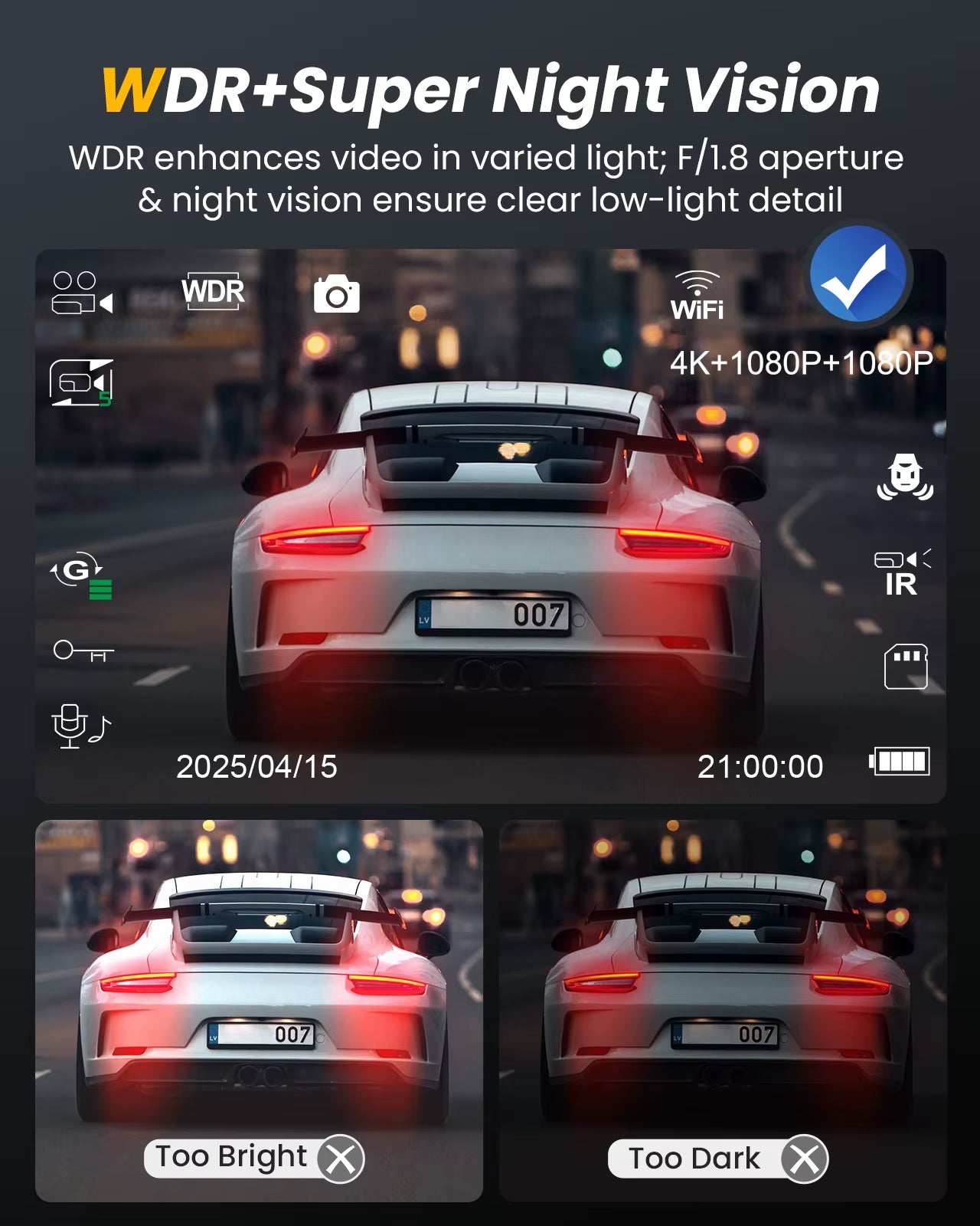 4K 3 Channel Dash Cam, 4K+1080P+1080P Front inside and Rear Dash Camera, Voice Control, Wifi, WDR Night Vision, GPS, 24H