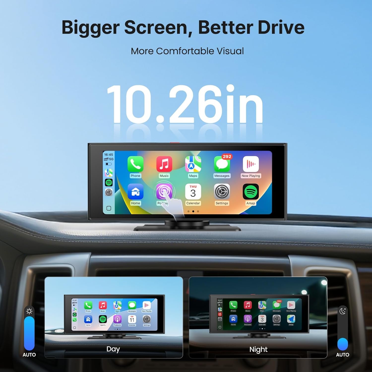 Wireless Car Play Screen, 10.26'' Monitor with Apple Carplay & Android Auto, 4K Dash Cam 64G, 1080P Backup Camera, Portable Smart Touch Tablet Stereo Multimedia Dashboard, Bluetooth/Fm/Gps/Aux