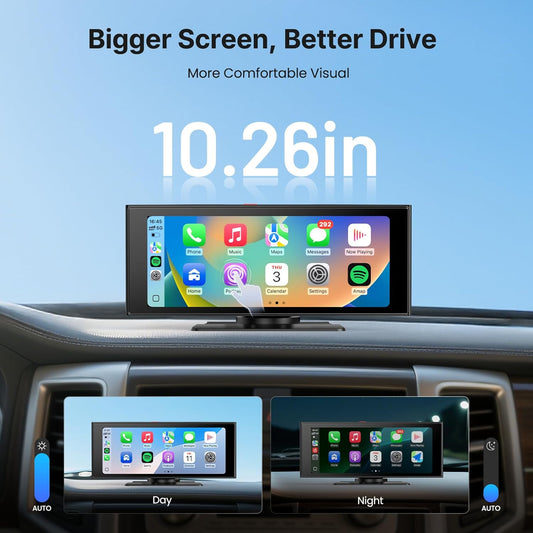 Wireless Car Play Screen, 10.26'' Monitor with Apple Carplay & Android Auto, 4K Dash Cam 64G, 1080P Backup Camera, Portable Smart Touch Tablet Stereo Multimedia Dashboard, Bluetooth/Fm/Gps/Aux