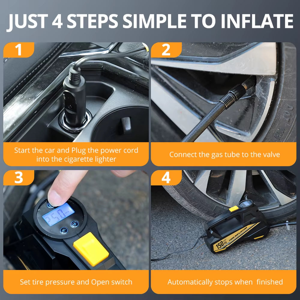 Corded Portable Car Air Pump Upgraded 12V 150PSI Electric Tire Inflator Pump Motorcycle Bike Ball LED Light Car Air Compressor