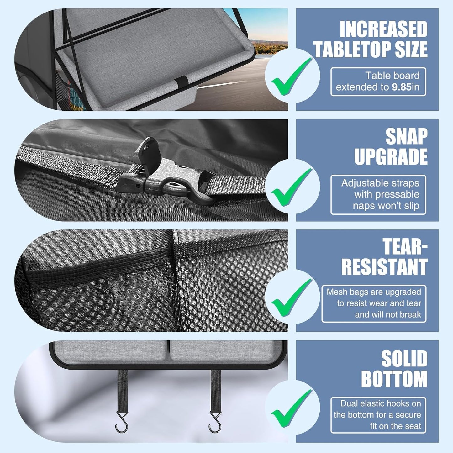 Car Backseat Organizer with Tablet Holder,11 Storage Pockets with Foldable Food Tray, Protector Kick Mats for Kids, Travel Accessories Organizer (Gray, 2Pack)