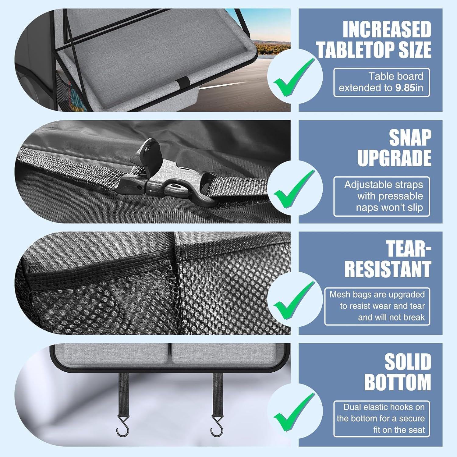 Car Backseat Organizer with Tablet Holder,11 Storage Pockets with Foldable Food Tray, Protector Kick Mats for Kids, Travel Accessories Organizer (Gray, 2Pack)