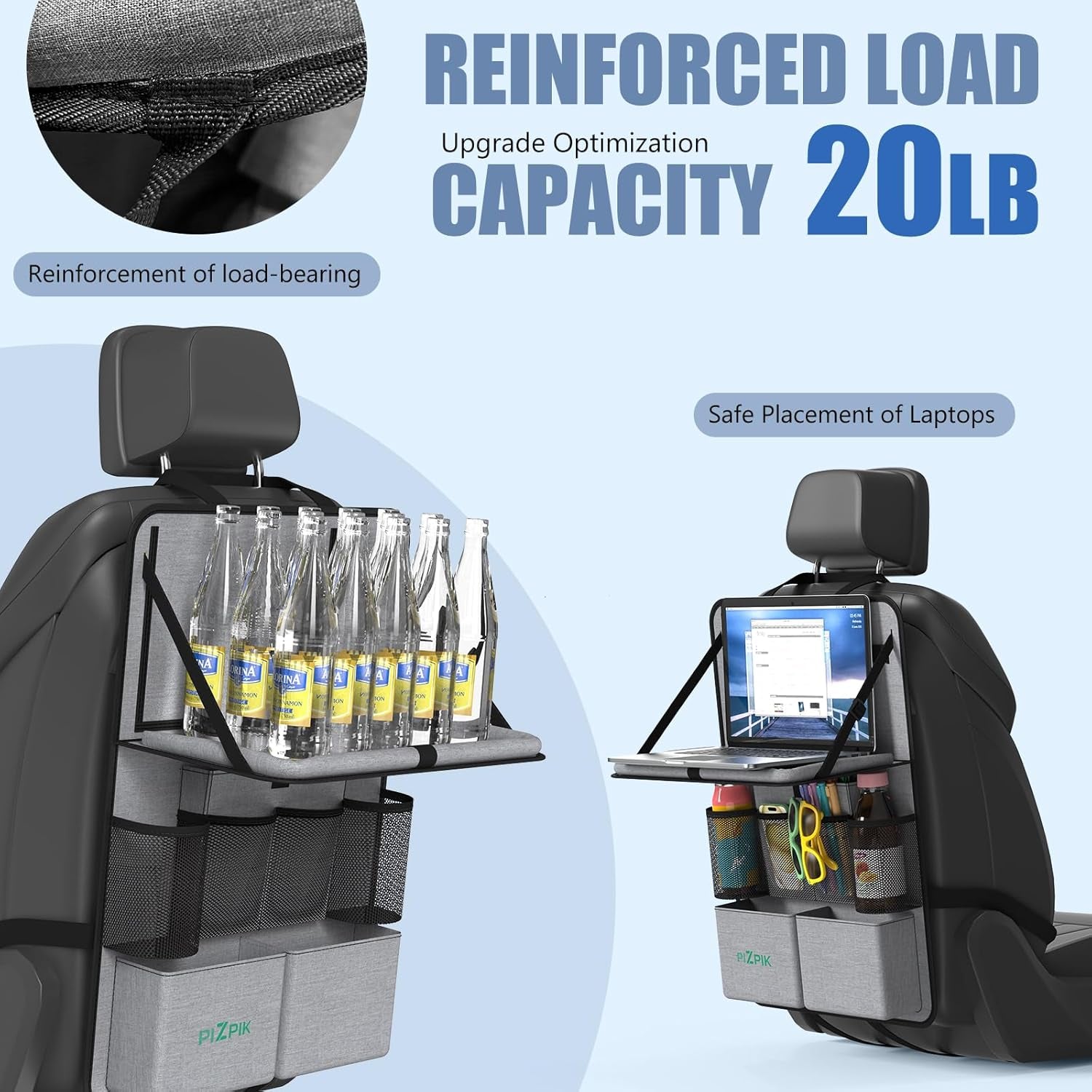 Car Backseat Organizer with Tablet Holder,11 Storage Pockets with Foldable Food Tray, Protector Kick Mats for Kids, Travel Accessories Organizer (Gray, 2Pack)