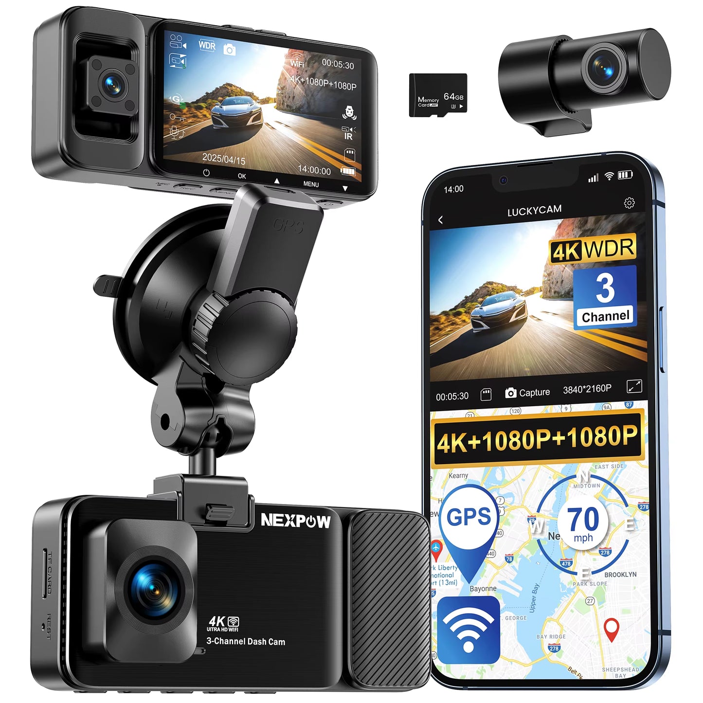 4K 3 Channel Dash Cam, 4K+1080P+1080P Front inside and Rear Dash Camera, Voice Control, Wifi, WDR Night Vision, GPS, 24H